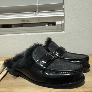 Louis Vuitton Black Loafers with Fur Trim